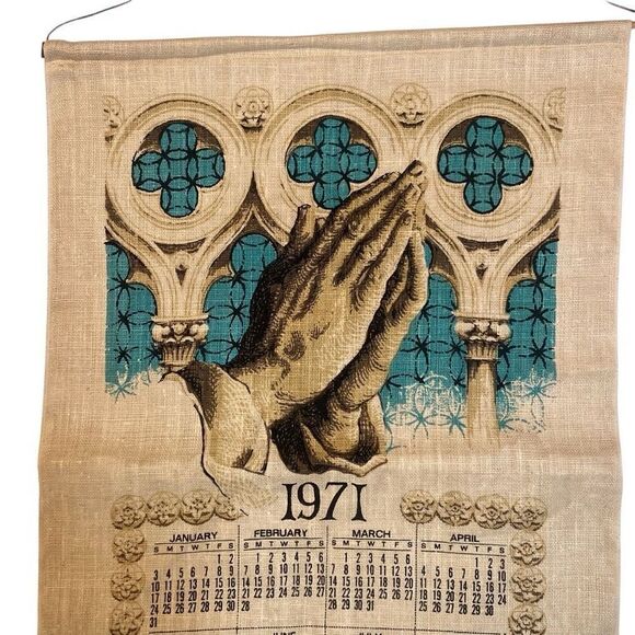 Vintage 1971 Linen Kitchen Calendar Towel Praying Hands Religious Ready to Hang - Picture 4 of 7